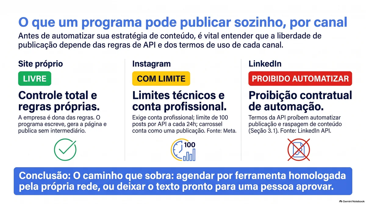Três colunas comparando o que um programa pode publicar sozinho no site próprio, no Instagram e no LinkedIn