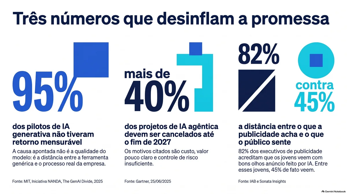 Três números: 95% dos pilotos sem retorno, mais de 40% dos projetos cancelados até 2027 e a diferença entre 82% e 45% na percepção sobre anúncio feito por IA