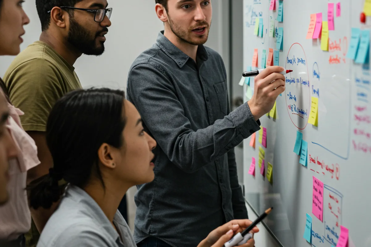 Quadro com anotações e post-its usado para organizar tarefas de uma equipe