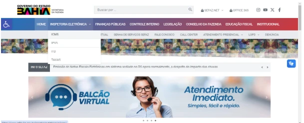 Menu Inspetoria Eletrônica aberto no portal da Sefaz/BA, com a opção ICMS em destaque