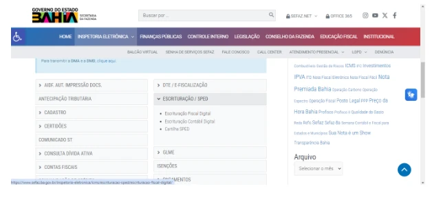 Submenu Escrituração/SPED com o item Escrituração Fiscal Digital