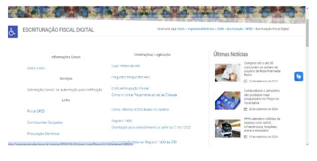 Bloco Serviços da página da EFD, com o link de Solicitação e Cancelamento de Autorização para Retificação