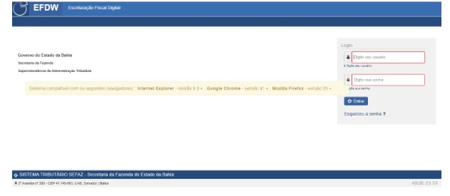 Tela de login do sistema EFDW, com campos de usuário e senha