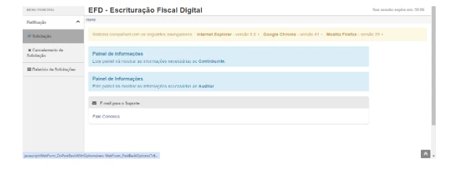 Menu lateral com Retificação aberto e a opção Solicitação