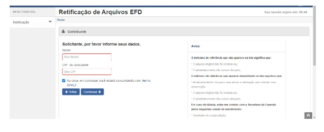 Tela de dados do solicitante, com nome e CPF
