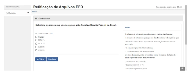 Tela para indicar períodos sob ação fiscal