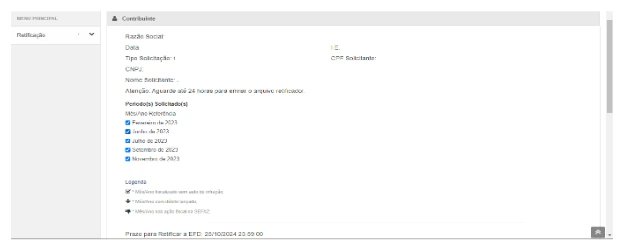 Prévia do recibo com dados do contribuinte, do solicitante e dos períodos